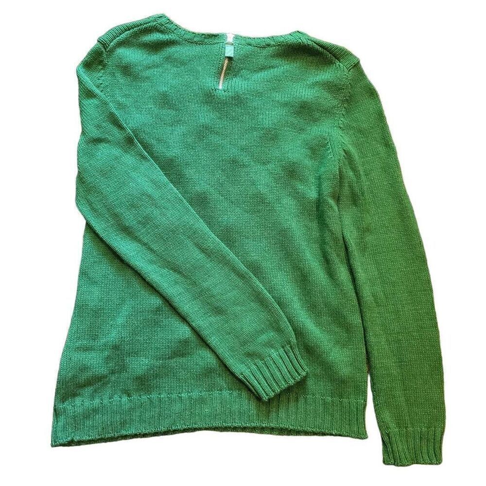 Talbots Sweater Women's Medium Green Pom Pom Zip Back Cotton Knit Crew - Picture 2 of 4